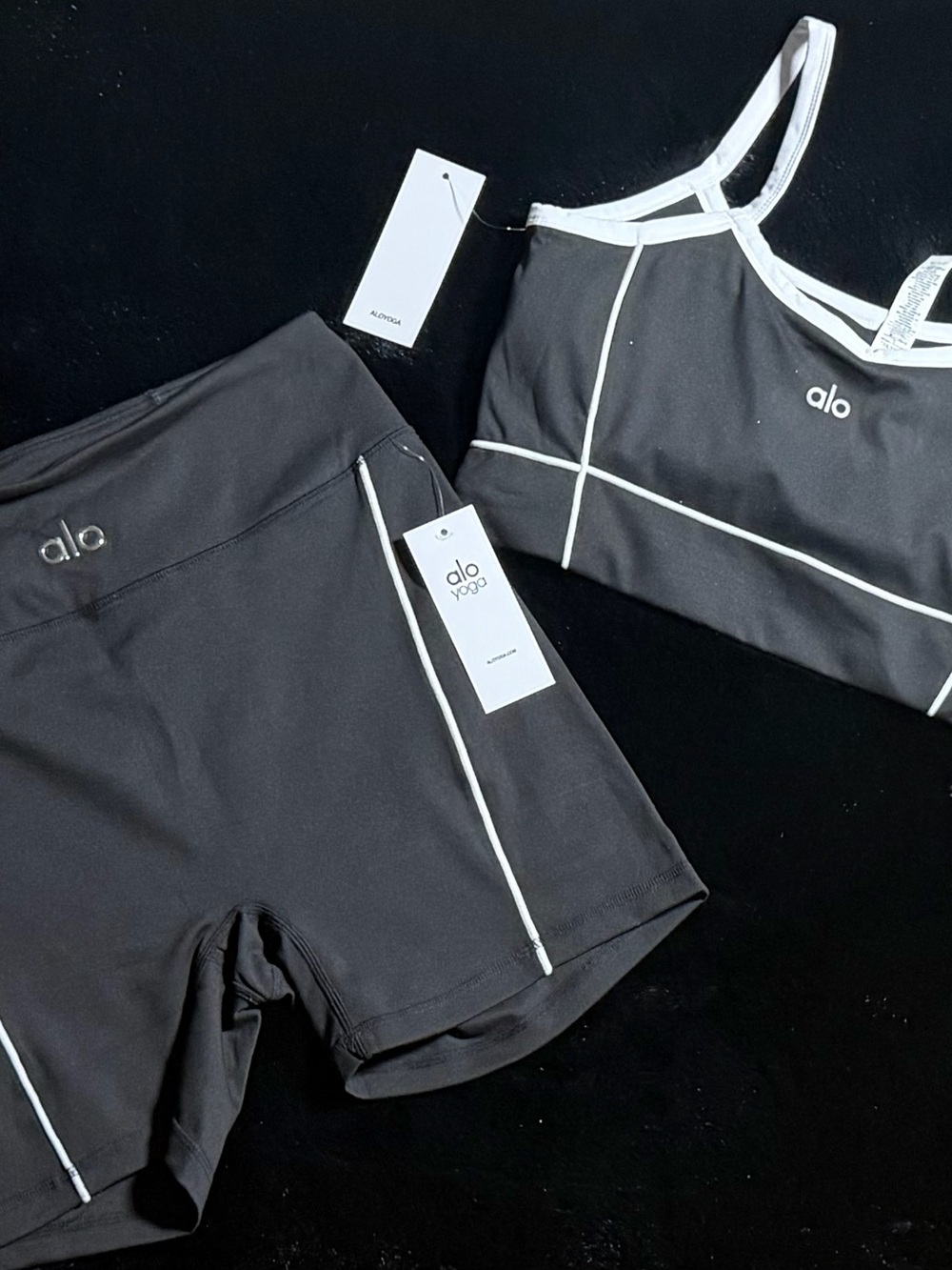 Alo Black & White Piped Sports Bra and Shorts Set
